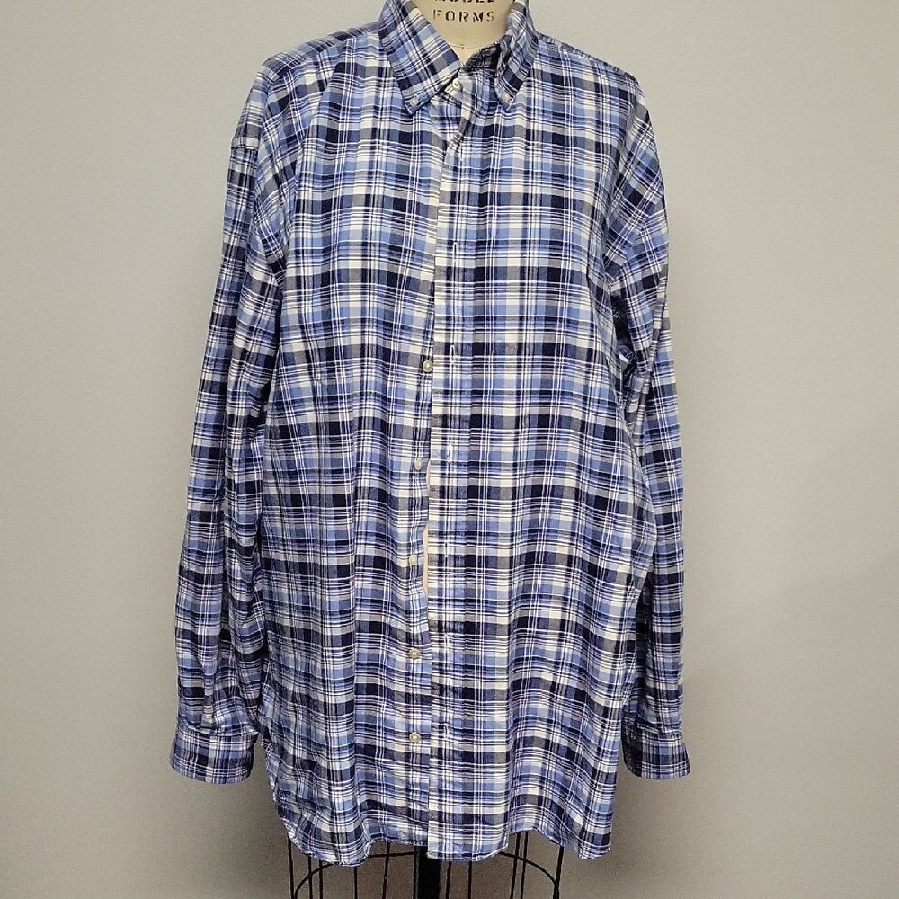 Ralph Lauren Men's Navy and White Plaid Shirt, Size XLT